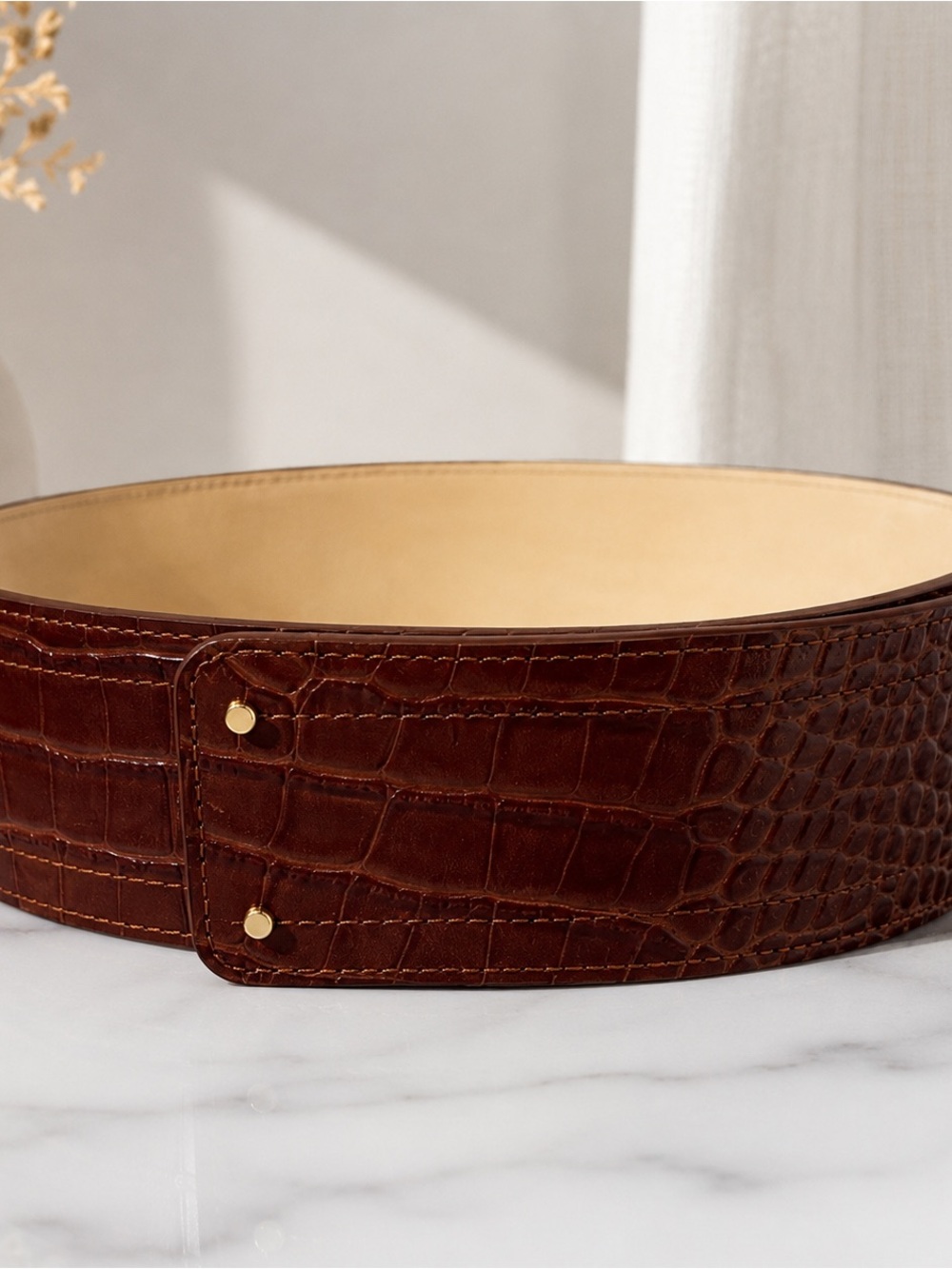 NEW Longchamp Brown Croc-Embossed Leather Waist Belt